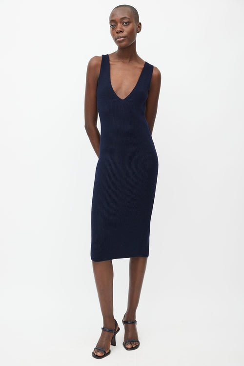 Khaite Navy Ribbed Knit V-Neck Dress