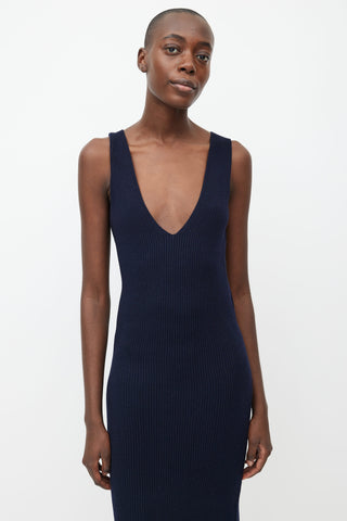 Khaite Navy Ribbed Knit V-Neck Dress