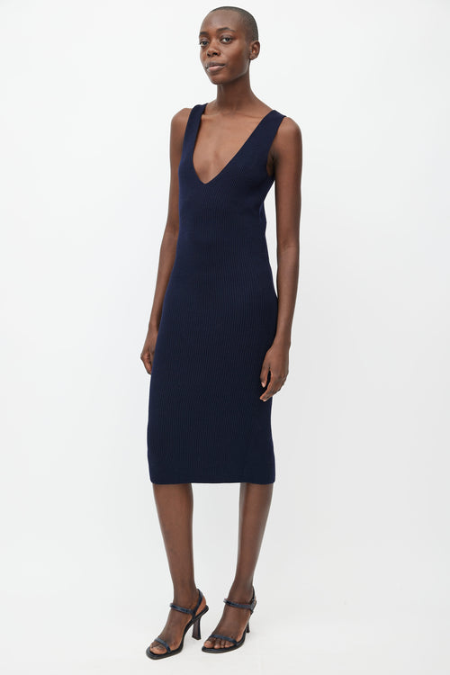 Khaite Navy Ribbed Knit V-Neck Dress