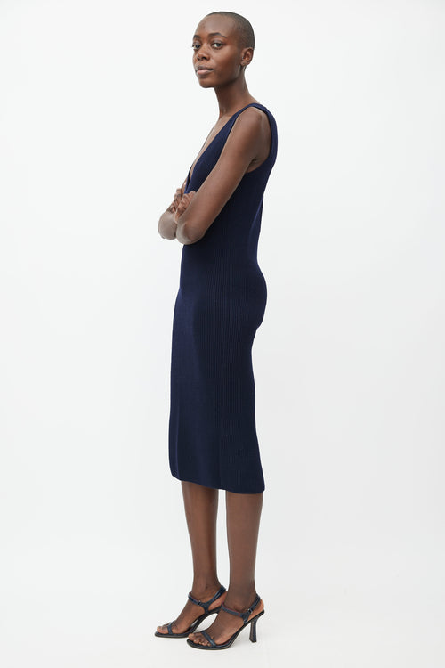 Khaite Navy Ribbed Knit V-Neck Dress