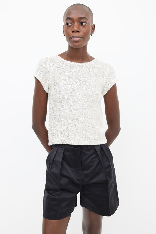 LAPOINTE Cream Cashmere 
Silk-Tone Silver Sequin Knit Top