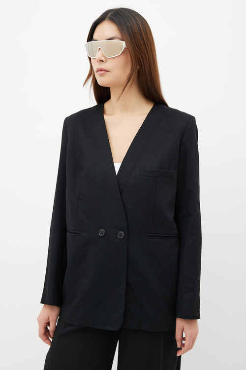 Lemarie Black Wool Collarless Two-Button Blazer