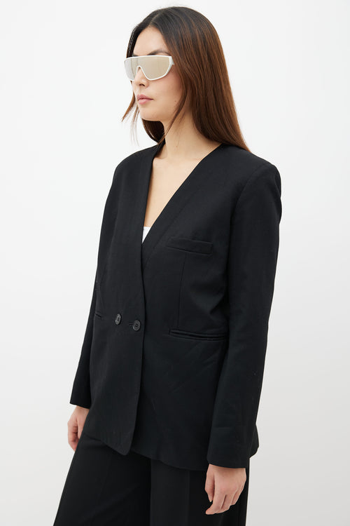 Lemarie Black Wool Collarless Two-Button Blazer