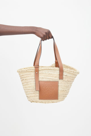 Loewe Brown Leather Logo Small Straw Tote Bag