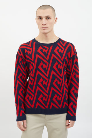 Loewe Red 
Navy Wool Geometric Pattern Design Sweater