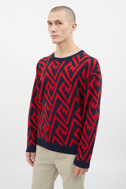 Loewe Red 
Navy Wool Geometric Pattern Design Sweater