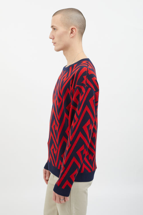 Loewe Red 
Navy Wool Geometric Pattern Design Sweater