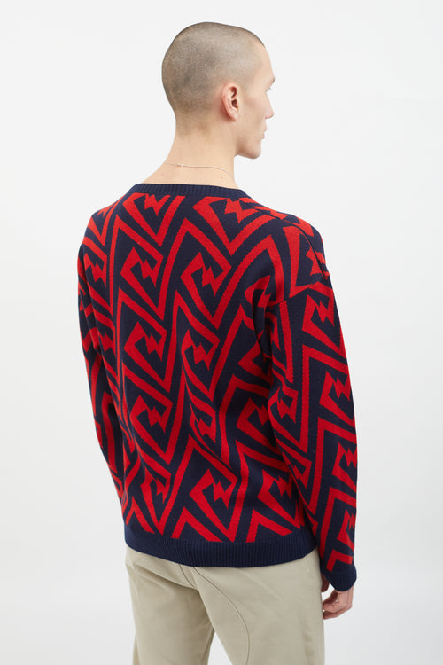 Loewe Red 
Navy Wool Geometric Pattern Design Sweater