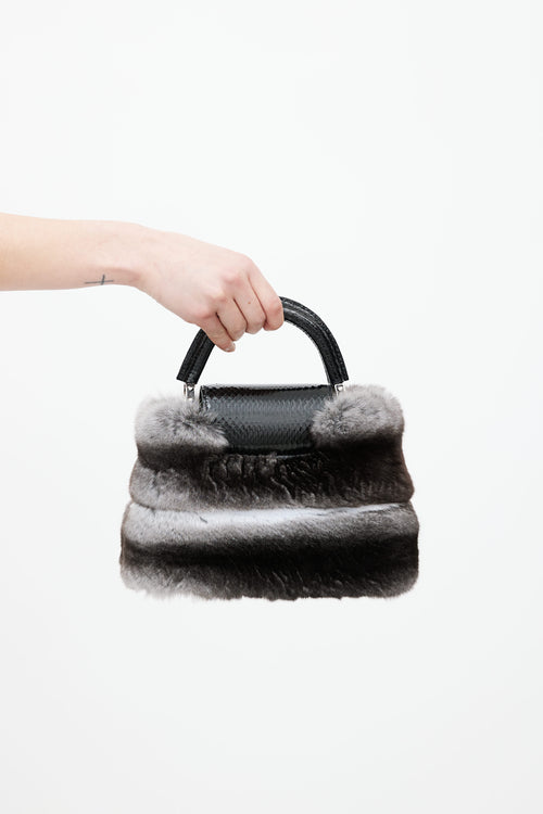 Louis Vuitton Black Leather 
Grey Fur Capucines Mini Shoulder Bag