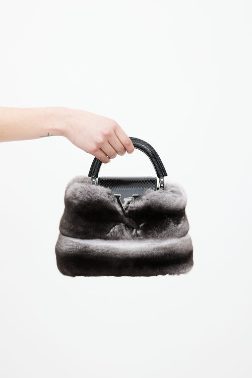 Louis Vuitton Black Leather 
Grey Fur Capucines Mini Shoulder Bag