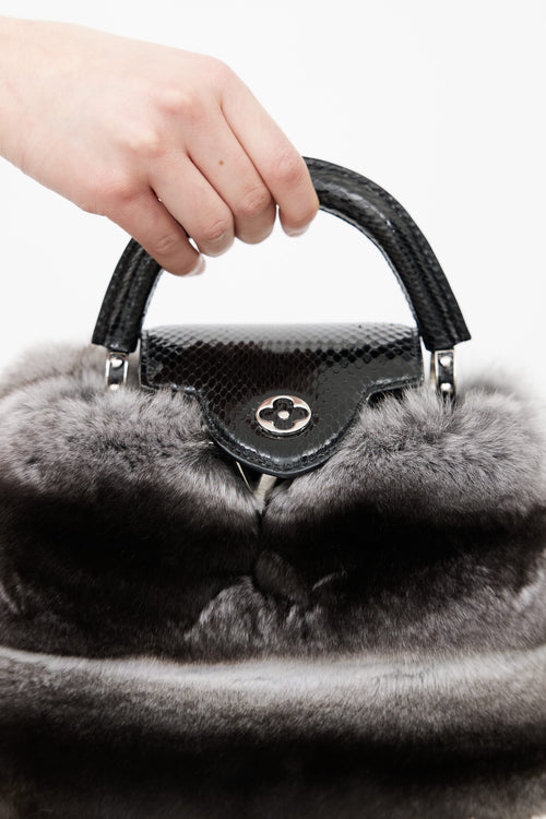 Louis Vuitton Black Leather 
Grey Fur Capucines Mini Shoulder Bag