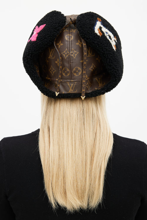 Louis Vuitton Brown Monogram 
Black Shearling Chapka Hat