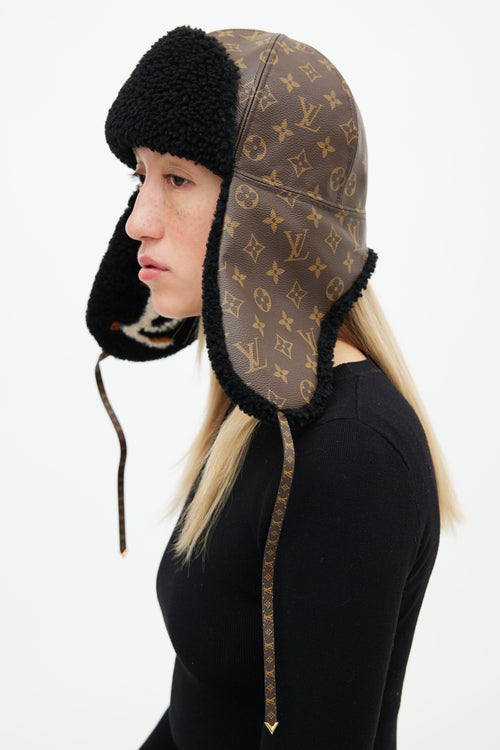 Louis Vuitton Brown Monogram 
Black Shearling Chapka Hat