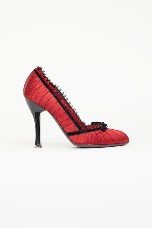 Louis Vuitton Red Satin 
Black Velvet Trim Bow Pump