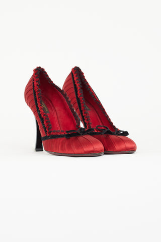 Louis Vuitton Red Satin 
Black Velvet Trim Bow Pump