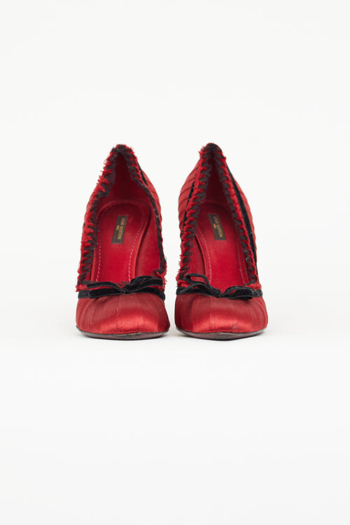 Louis Vuitton Red Satin 
Black Velvet Trim Bow Pump