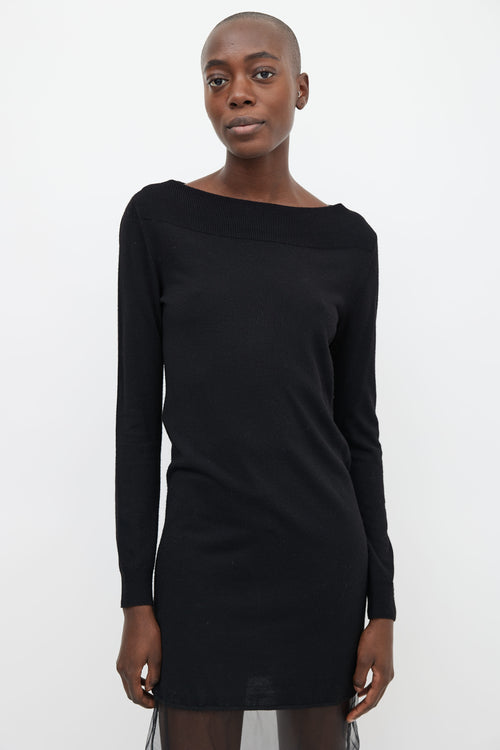 Maison Margiela Black Knit 
Silver-Tone Elbow Patch Sheer Hem Dress