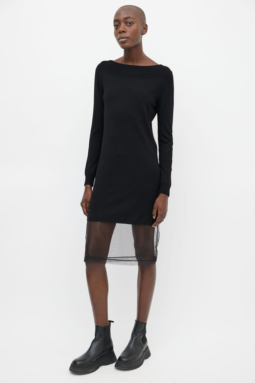 Maison Margiela Black Knit 
Silver-Tone Elbow Patch Sheer Hem Dress