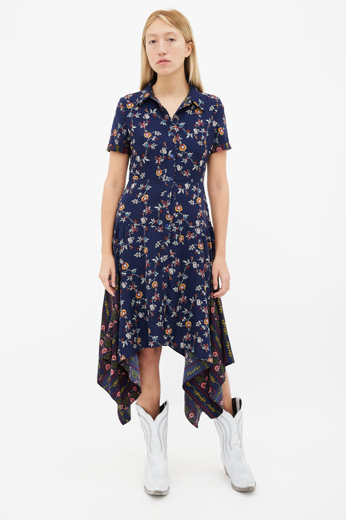 Maison Margiela Navy Floral Print Asymmetrical Shirt Dress