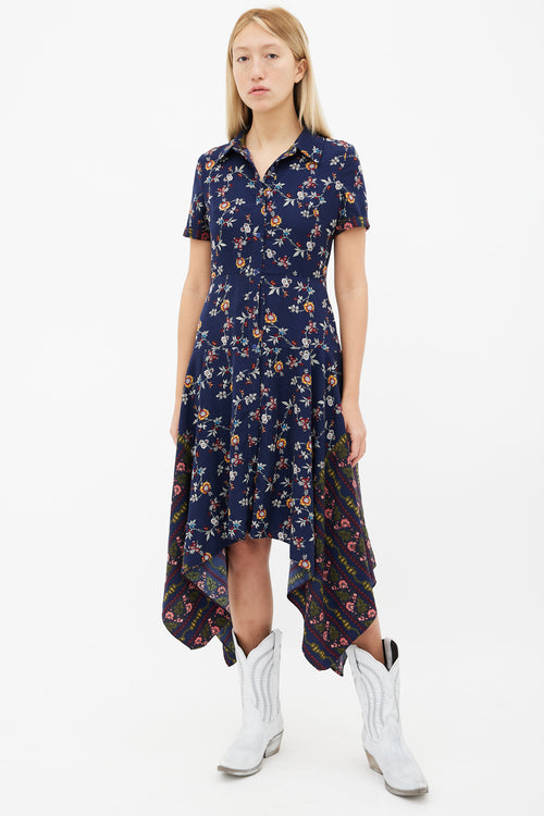 Maison Margiela Navy Floral Print Asymmetrical Shirt Dress