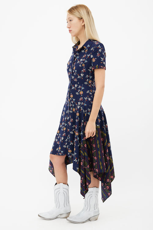 Maison Margiela Navy Floral Print Asymmetrical Shirt Dress