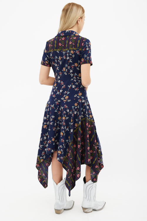 Maison Margiela Navy Floral Print Asymmetrical Shirt Dress