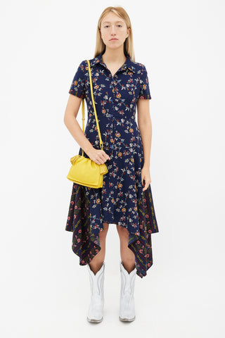 Maison Margiela Navy Floral Print Asymmetrical Shirt Dress