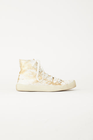 Maison Margiela Gold-Tone Leather 
White Paint Tabi High-Top Sneaker