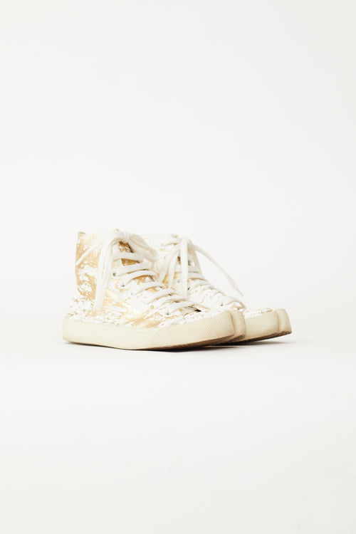 Maison Margiela Gold-Tone Leather 
White Paint Tabi High-Top Sneaker