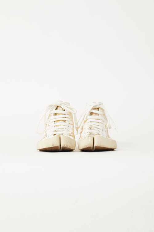 Maison Margiela Gold-Tone Leather 
White Paint Tabi High-Top Sneaker