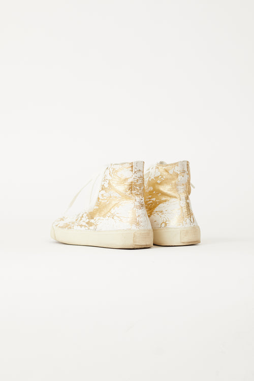 Maison Margiela Gold-Tone Leather 
White Paint Tabi High-Top Sneaker