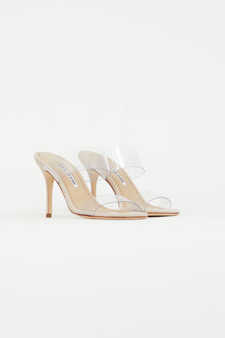 Manolo Blahnik Beige Suede Scolto PVC Strap Heel