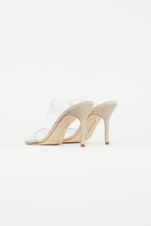 Manolo Blahnik Beige Suede Scolto PVC Strap Heel