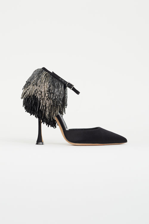 Manolo Blahnik Black Satin Beaded Fringe Heel