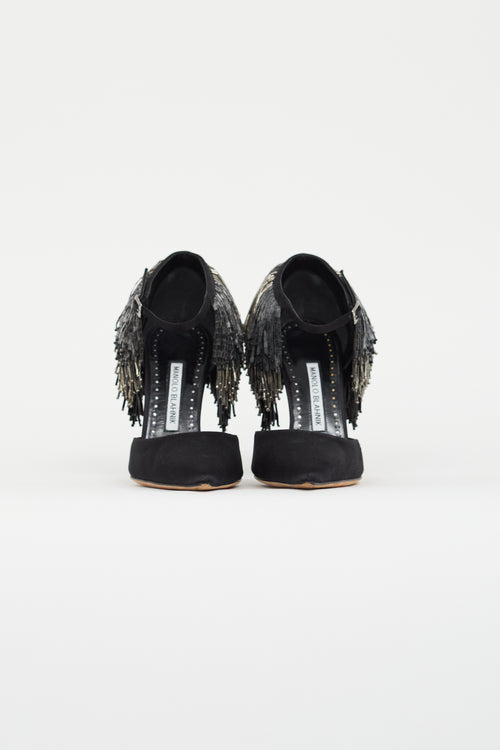 Manolo Blahnik Black Satin Beaded Fringe Heel