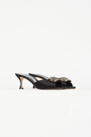 Manolo Blahnik Black Satin Jewel Mule Heel