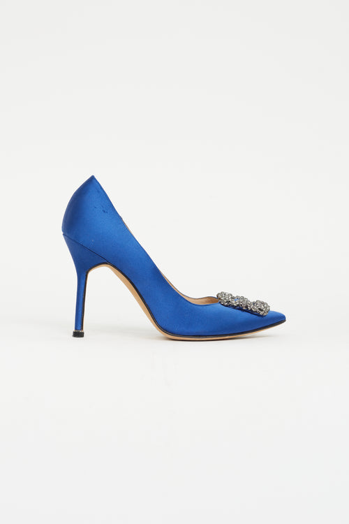 Manolo Blahnik Blue Satin Hangisi Embellished Pump