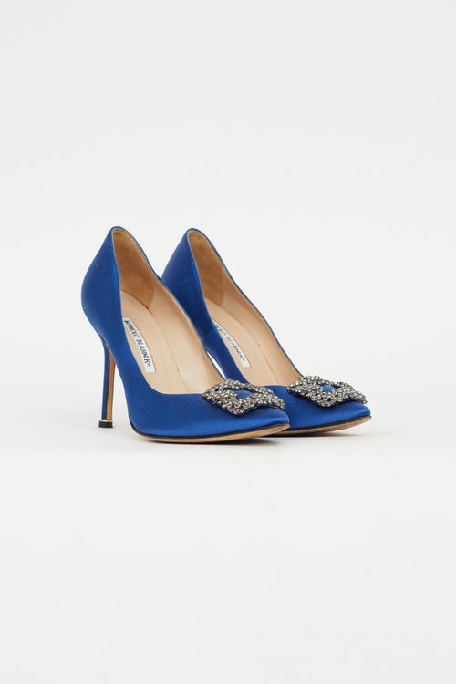 Manolo Blahnik Blue Satin Hangisi Embellished Pump