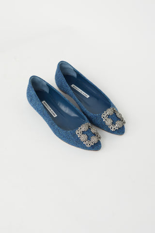 Manolo Blahnik Blue Tweed Hangisiflat Embellished Flat