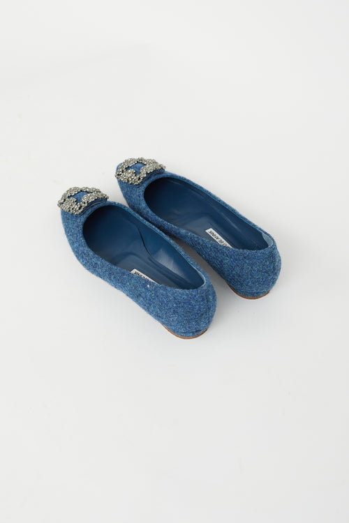 Manolo Blahnik Blue Tweed Hangisiflat Embellished Flat