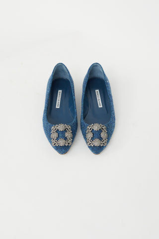 Manolo Blahnik Blue Tweed Hangisiflat Embellished Flat