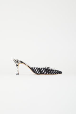 Manolo Blahnik Navy 
White Polka Dot Buckle Mule