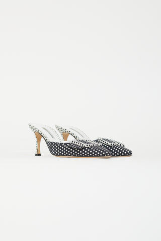 Manolo Blahnik Navy 
White Polka Dot Buckle Mule