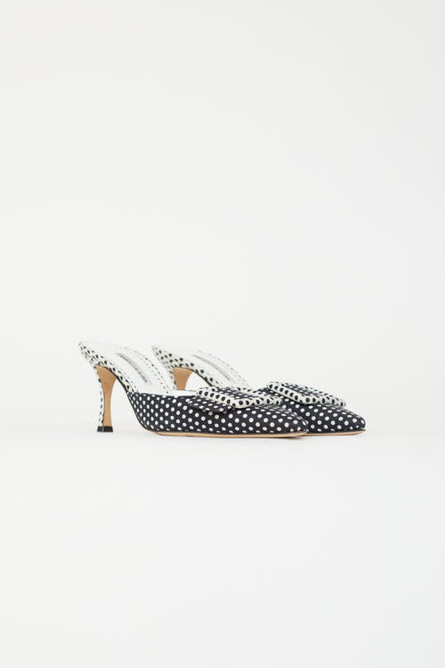 Manolo Blahnik Navy 
White Polka Dot Buckle Mule