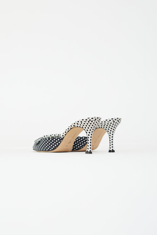 Manolo Blahnik Navy 
White Polka Dot Buckle Mule