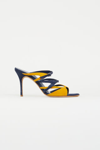 Manolo Blahnik Navy 
Yellow Suede Bassar Strappy Heel