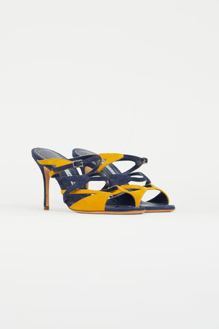 Manolo Blahnik Navy 
Yellow Suede Bassar Strappy Heel