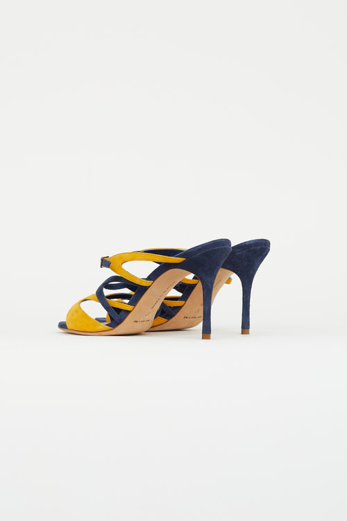 Manolo Blahnik Navy 
Yellow Suede Bassar Strappy Heel