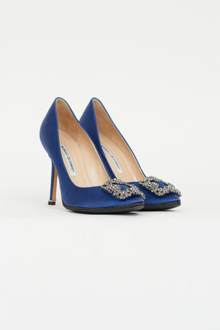 Manolo Blahnik Blue Satin Hangisi Embellished Pump