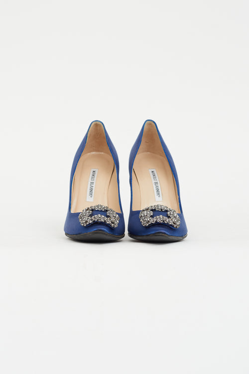 Manolo Blahnik Blue Satin Hangisi Embellished Pump